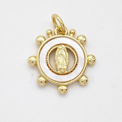 Virgin Mary Charms Copper Circle Pendant Pave Shell Gold Plated