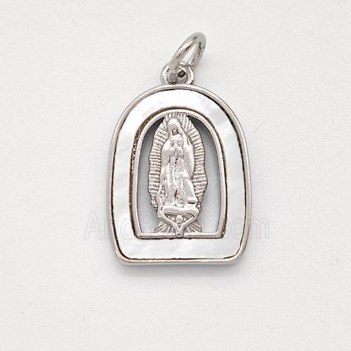 Virgin Mary Charms Copper Pendant Pave Shell Platinum Plated