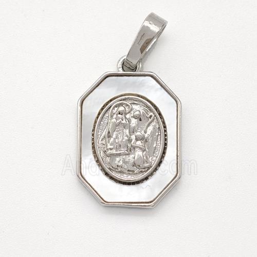 Virgin Mary Charms Copper Pendant Pave Shell Platinum Plated