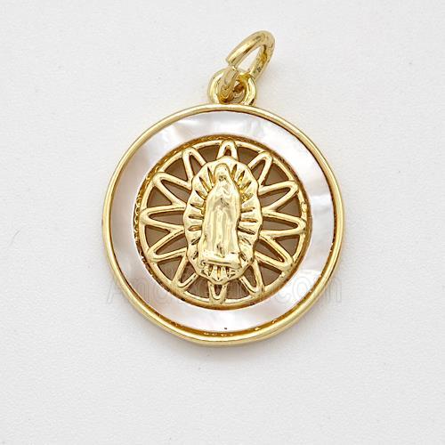 Virgin Mary Charms Copper Pendant Pave Shell Gold Plated
