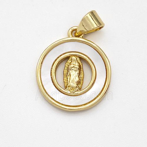 Virgin Mary Charms Copper Pendant Pave Shell Gold Plated