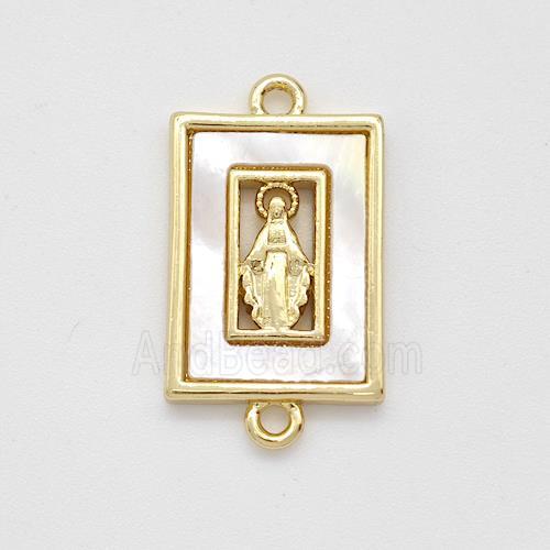 Virgin Mary Charms Copper Rectangle Connector Pave Shell Gold Plated