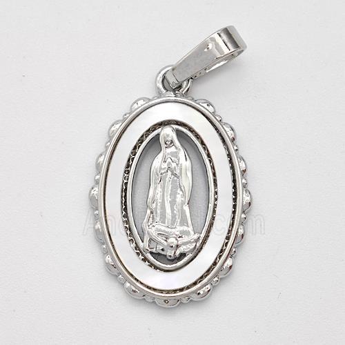 Virgin Mary Charms Copper Pendant Pave Shell Platinum Plated