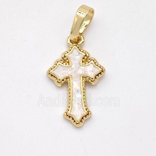 Copper Cross Pendant Pave White Fire Opal 18K Gold Plated