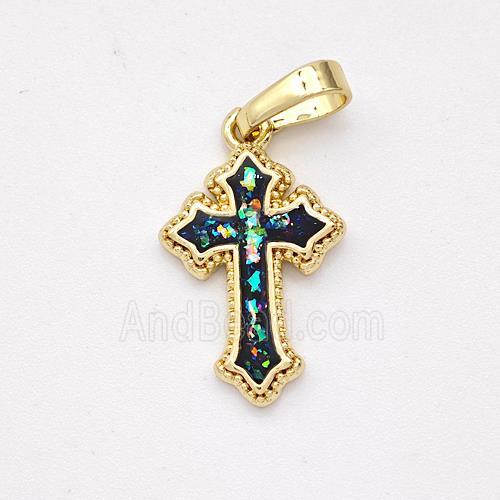 Copper Cross Pendant Pave Black Fire Opal 18K Gold Plated