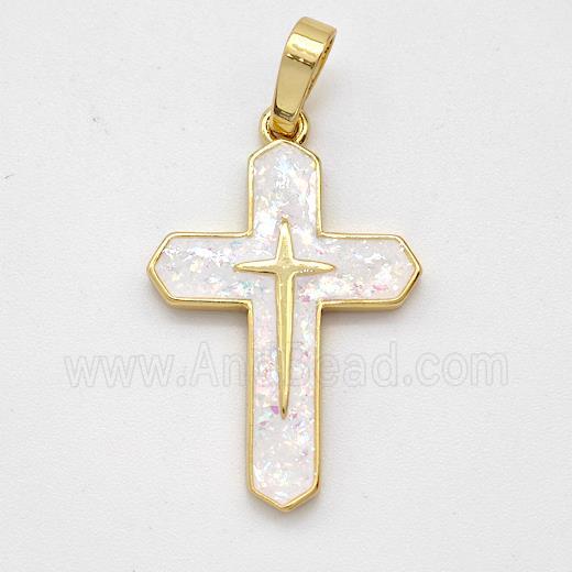 Copper Cross Pendant Pave White Fire Opal 18K Gold Plated