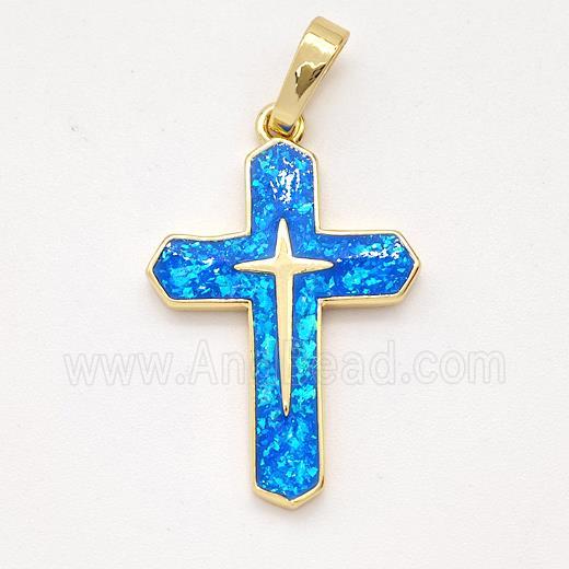 Copper Cross Pendant Pave Blue Fire Opal 18K Gold Plated