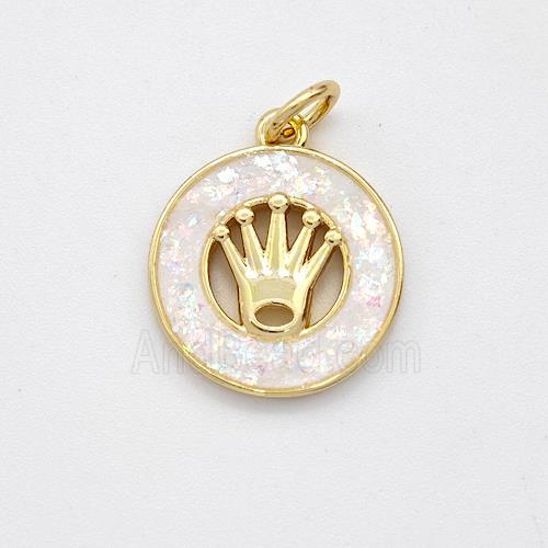 Copper Crown Pendant Pave White Fire Opal Circle 18K Gold Plated