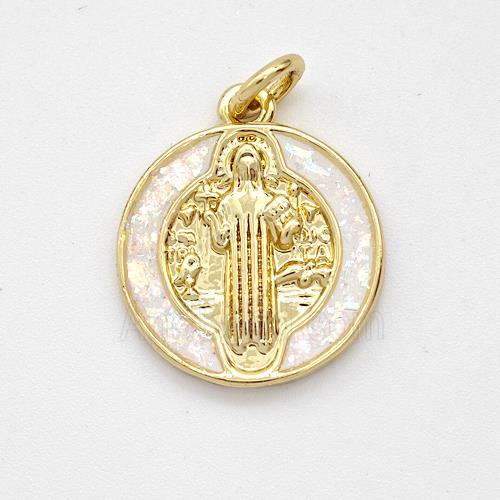 Jesus Charms Copper Pendant Pave White Fire Opal 18K Gold Plated
