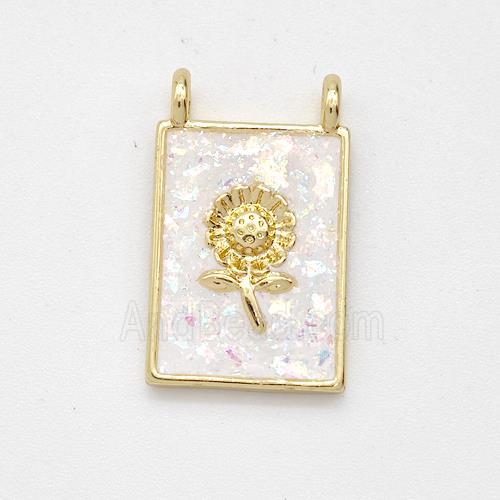 Copper Sunflower Pendant Pave White Fire Opal Rectangle 2loops 18K Gold Plated