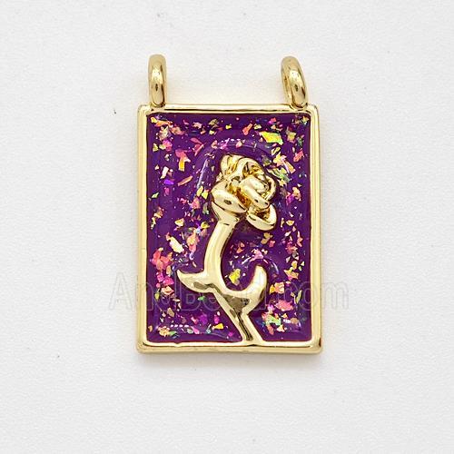 Copper Flower Pendant Pave Purple Fire Opal Rectangle 2loops 18K Gold Plated