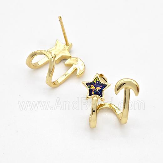 Copper Stud Earrings Pave Fire Opal Star Moon 18K Gold Plated
