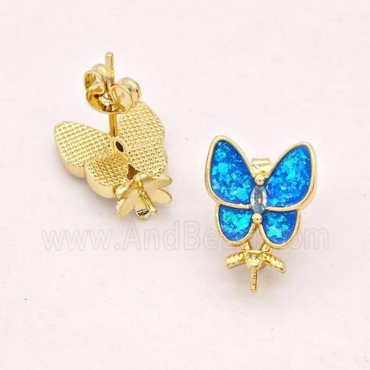 Copper Butterfly Stud Earrings Pave Blue Fire Opal 18K Gold Plated
