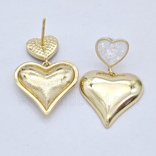 Copper Heart Stud Earrings Pave White Fire Opal 18K Gold Plated