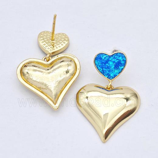 Copper Heart Stud Earrings Pave Blue Fire Opal 18K Gold Plated