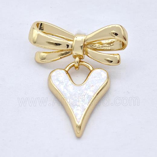 Copper Heart Stud Earrings Pave White Fire Opal Bow 18K Gold Plated