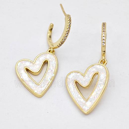 Copper Heart Stud Earrings Pave White Fire Opal Zircon 18K Gold Plated