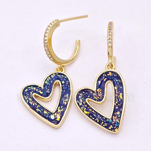 Copper Heart Stud Earrings Pave Fire Opal Zircon 18K Gold Plated