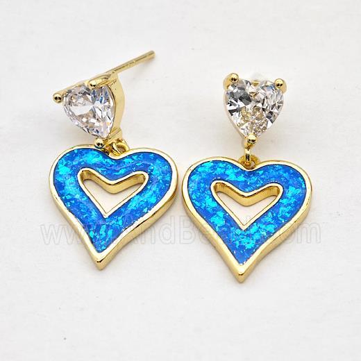 Copper Heart Stud Earrings Pave Blue Fire Opal 18K Gold Plated