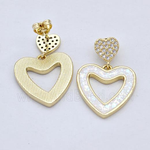 Copper Heart Stud Earrings Pave White Fire Opal Zirconia 18K Gold Plated