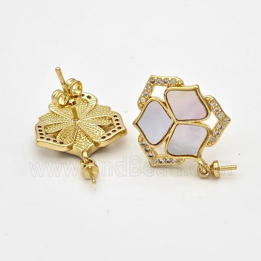 Copper Flower Stud Earrings Pave Shell Zirconia 18K Gold Plated