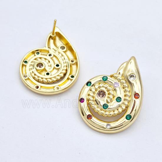Copper Stud Earrings Micro Pave Zirconia Nautilus Shell Gold Plated