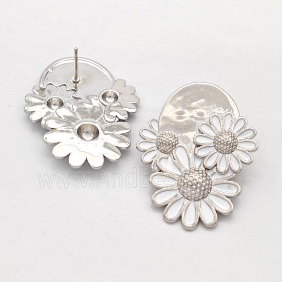 Copper Sunflower Stud Earrings White Enamel Platinum Plated