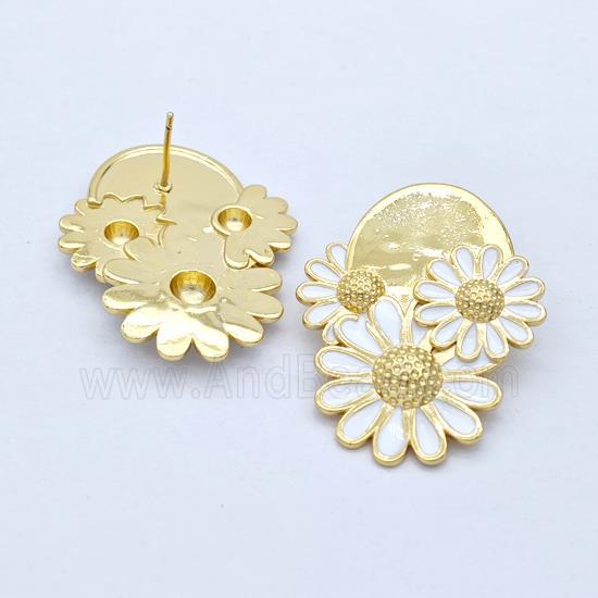 Copper Sunflower Stud Earrings White Enamel Gold Plated