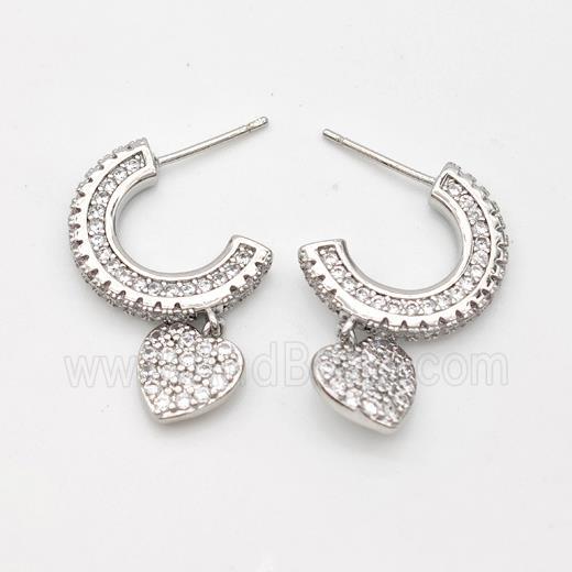 Copper Stud Earrings Micro Pave Zirconia Heart Platinum Plated