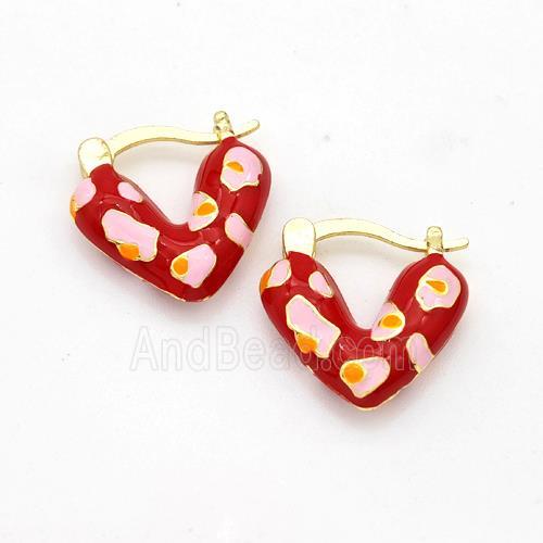 Copper Latchback Earrings Heart Red Enamel Gold Plated