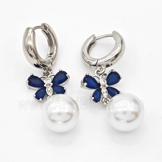 Copper Butterfly Hoop Earrings Pave Zirconia White Pearlized Plastic Platinum Plated