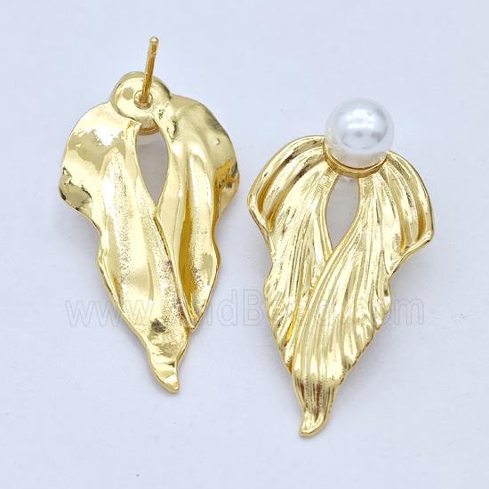 Copper Angel Wings Stud Earrings Pave Pearlized Plastic Gold Plated