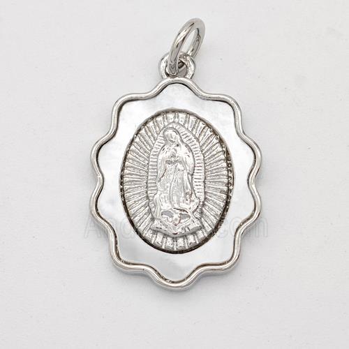 Virgin Mary Charms Copper Pendant Pave Shell Platinum Plated