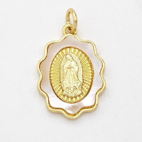 Virgin Mary Charms Copper Pendant Pave Shell Gold Plated