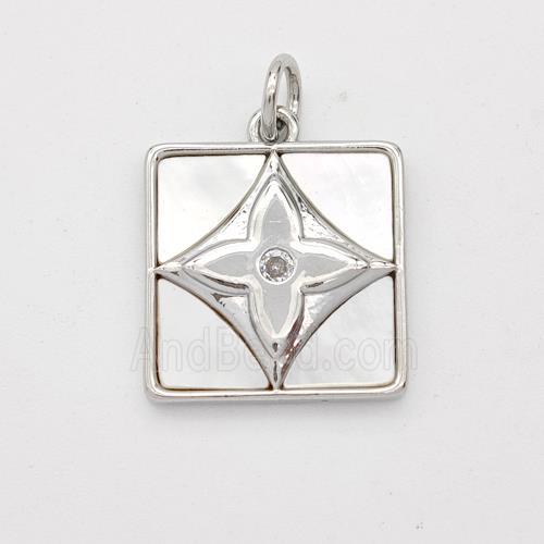 Copper Square Pendant Pave Shell Clover Platinum Plated
