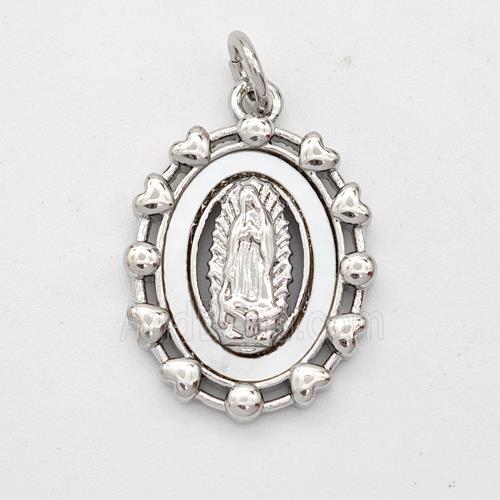 Virgin Mary Charms Copper Pendant Pave Shell Platinum Plated