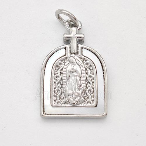 Virgin Mary Charms Copper Pendant Pave Shell Platinum Plated