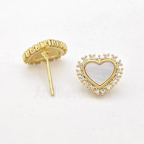Copper Heart Stud Earrings Pave Shell Zirconia 18K Gold Plated