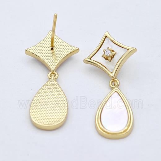 Copper Teardrop Stud Earrings Pave Shell 18K Gold Plated