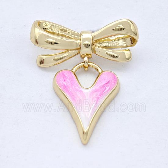Copper Bowknot Heart Pendant Pink Painted 18K Gold Plated