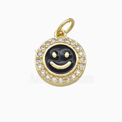 Copper Emoji Pendant Pave Zirconia Black Enamel Smile Face Gold Plated