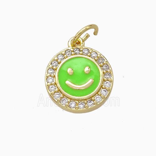 Copper Emoji Pendant Pave Zirconia Green Enamel Smile Face Gold Plated