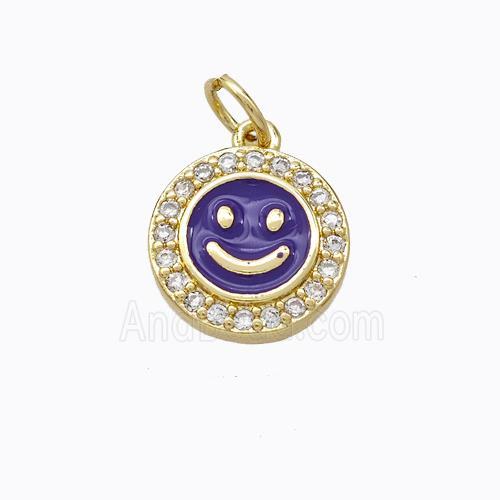 Copper Emoji Pendant Pave Zirconia Purple Enamel Smile Face Gold Plated