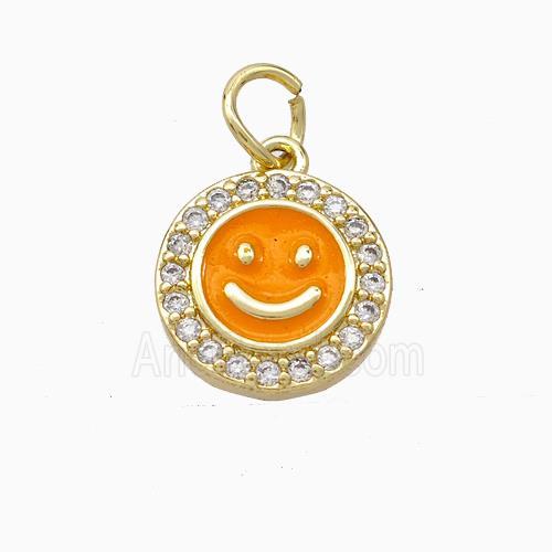 Copper Emoji Pendant Pave Zirconia Orange Enamel Smile Face Gold Plated
