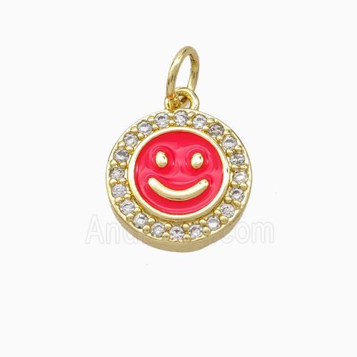 Copper Emoji Pendant Pave Zirconia Red Enamel Smile Face Gold Plated