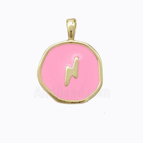 Copper Lightning Pendant Pink Enamel Circle Gold Plated