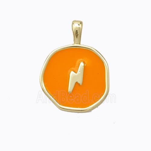 Copper Lightning Pendant Orange Enamel Circle Gold Plated
