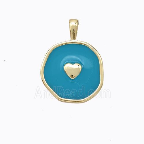 Copper Heart Pendant Teal Enamel Circle Gold Plated