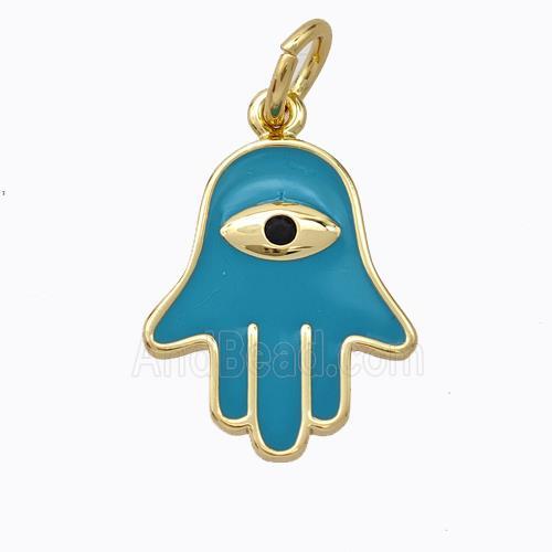 Copper Hamsahand Pendant Teal Enamel Eye Gold Plated