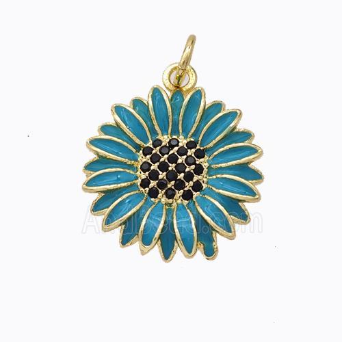 Copper Sunflower Pendant Teal Enamel Gold Plated